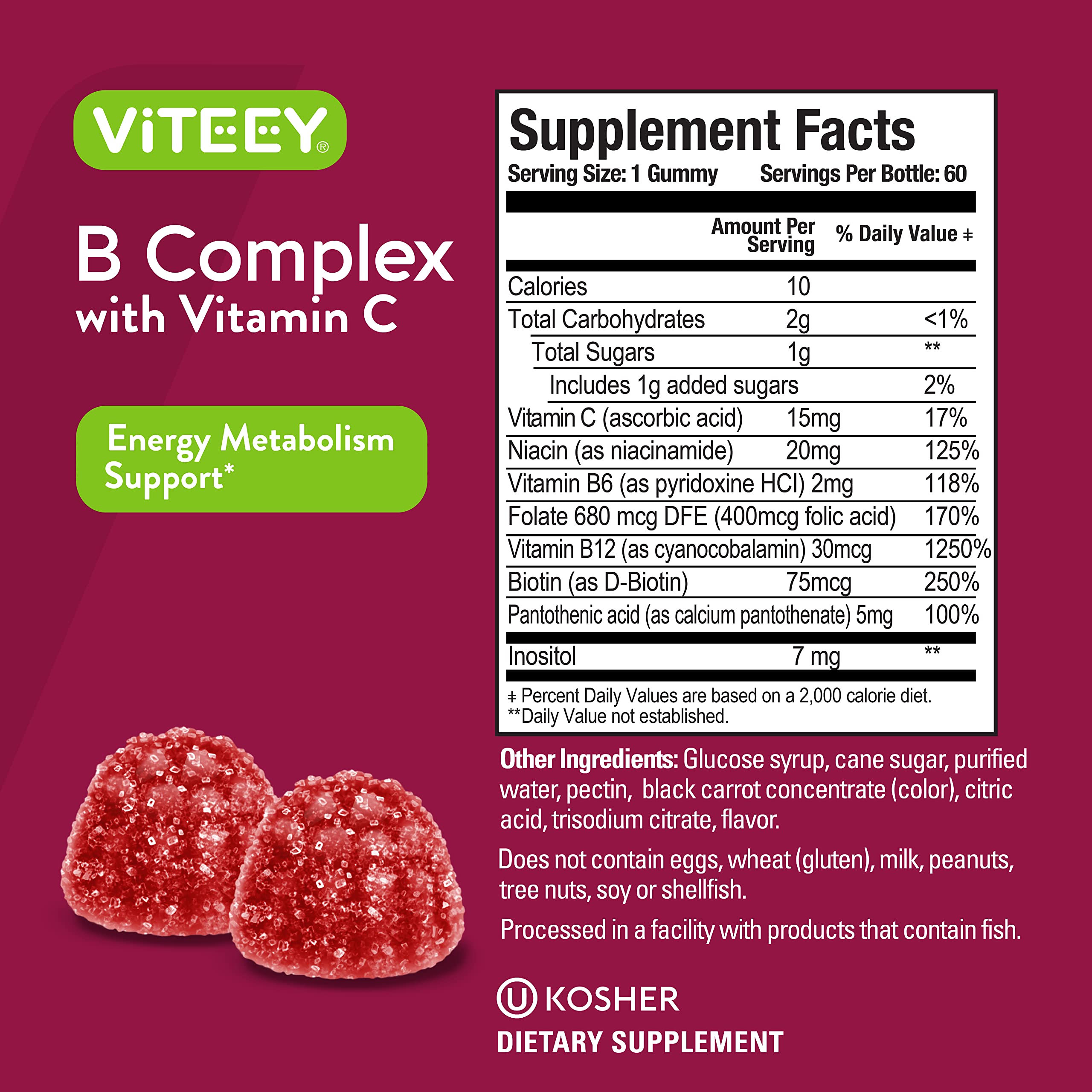 Viteey Vegan, gluten-free B-complex gummies bottle on shelf.