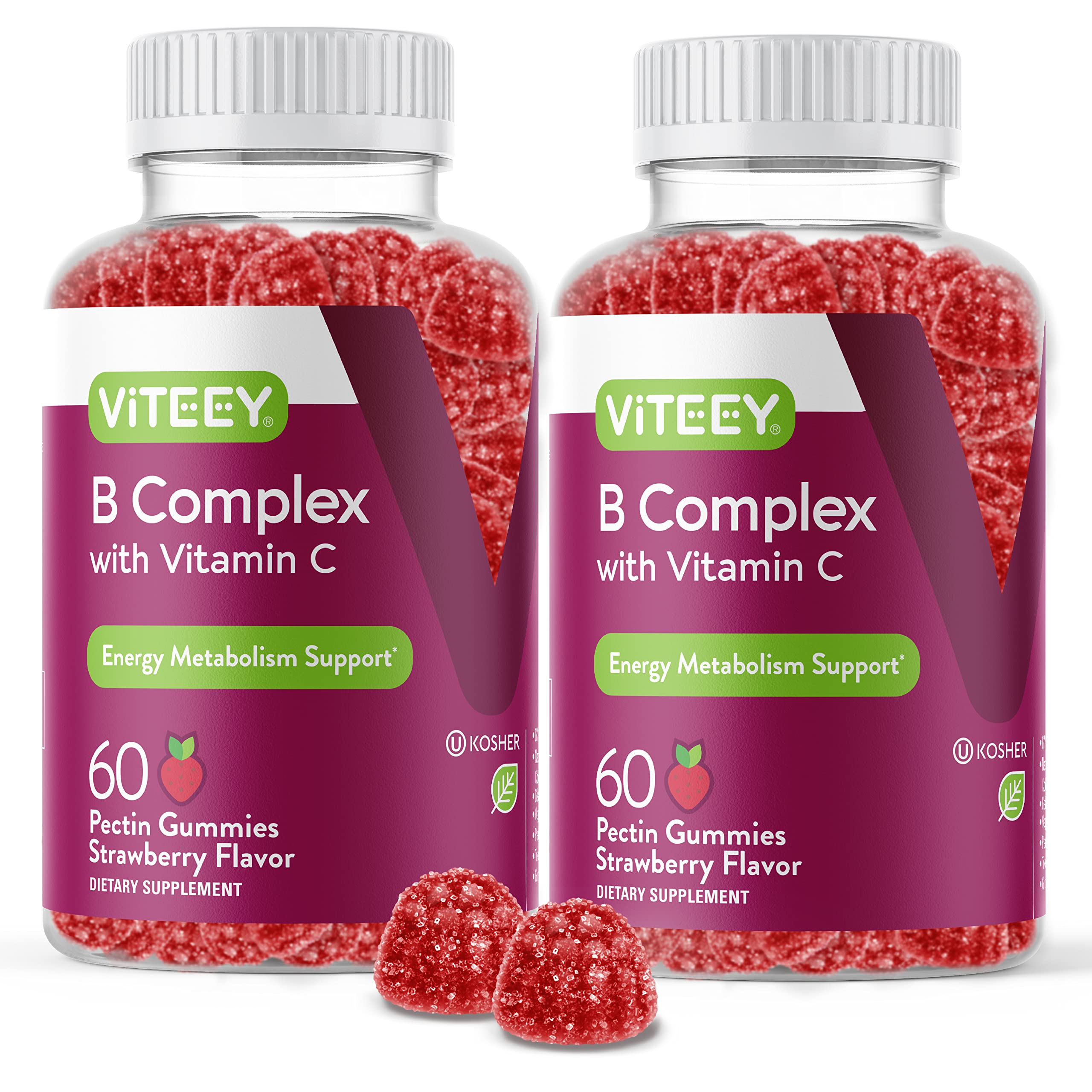 Viteey Vitamin B Complex Gummies strawberry jar front promotes energy and metabolism.