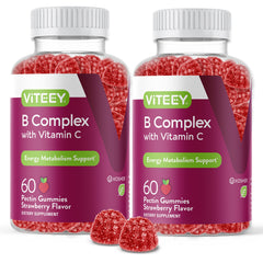 Viteey Vitamin B Complex Gummies strawberry jar front promotes energy and metabolism.