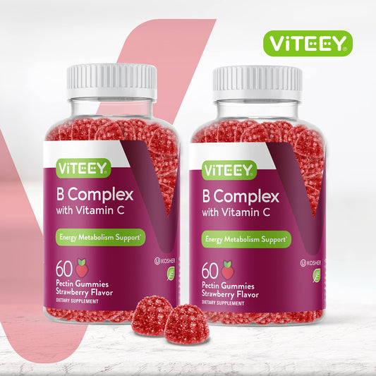 Viteey Vitamin B Complex Gummies strawberry jar pour suggests easy daily intake.