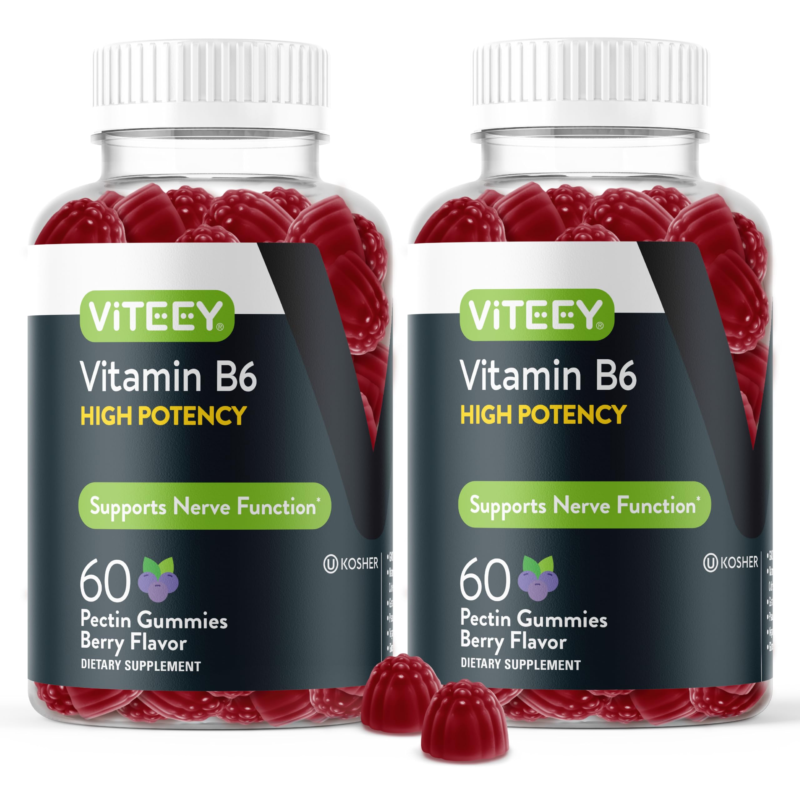 Viteey Vitamin B6 Gummies bottle displays 120 treats for daily energy support.