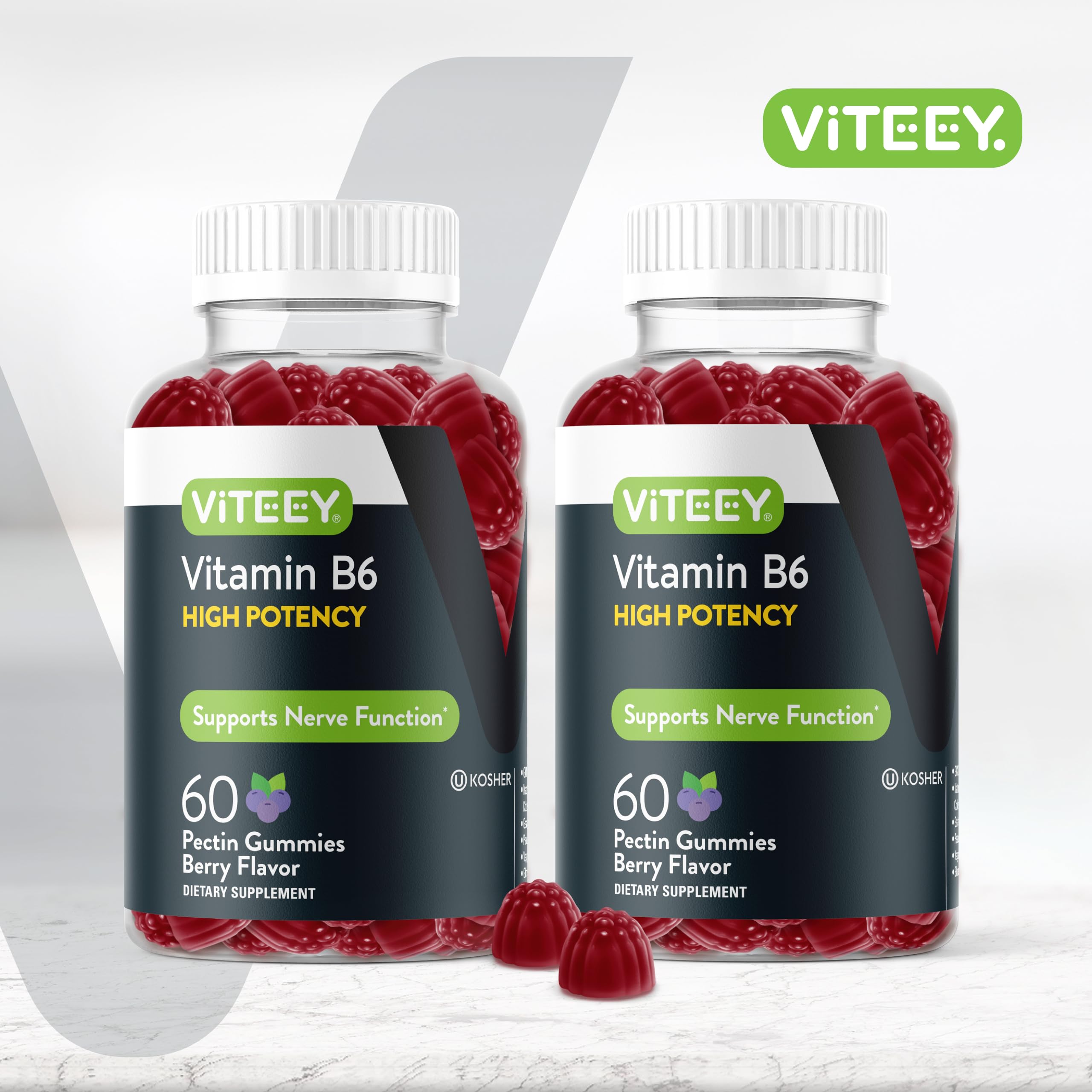 Viteey B6 gummies closeup shows berry candies for convenient daily calm and focus.