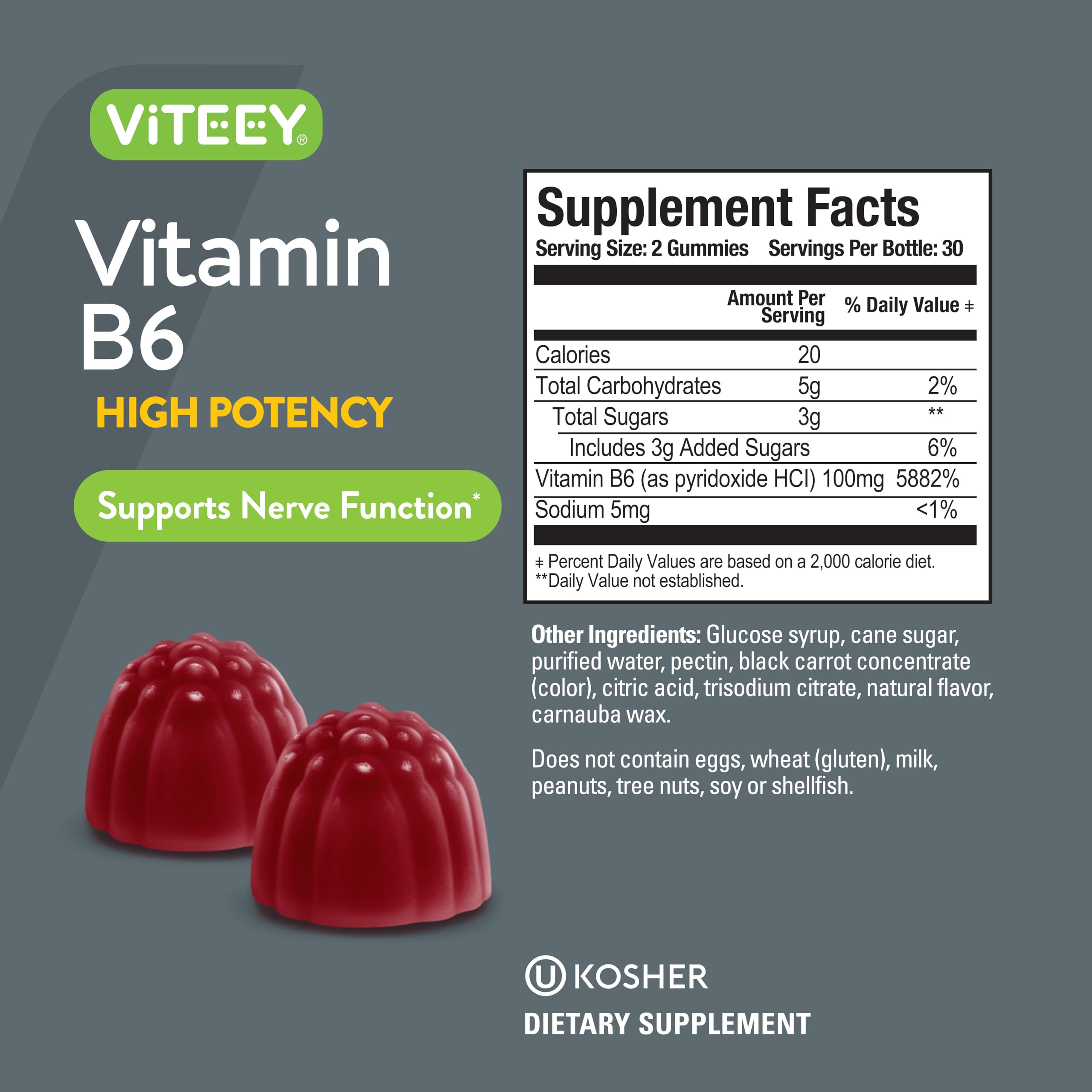Viteey B6 Gummies vegan and gluten free badge highlights clean ingredients.