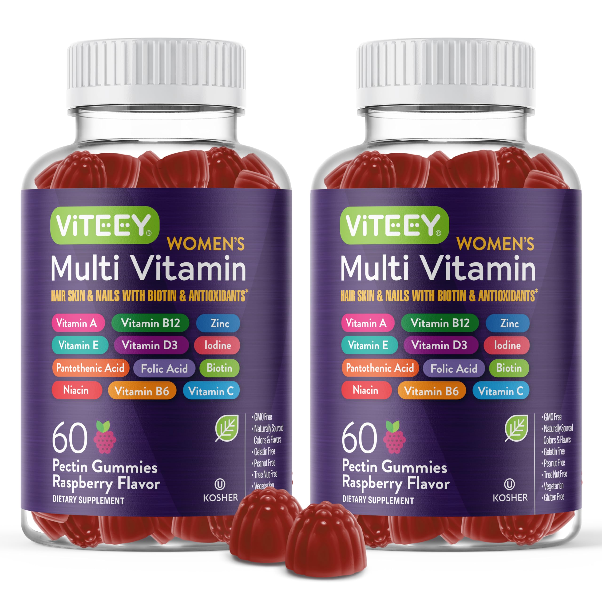 Viteey Womens Multivitamin Gummies bottle shows vegetarian formula for daily immune support.