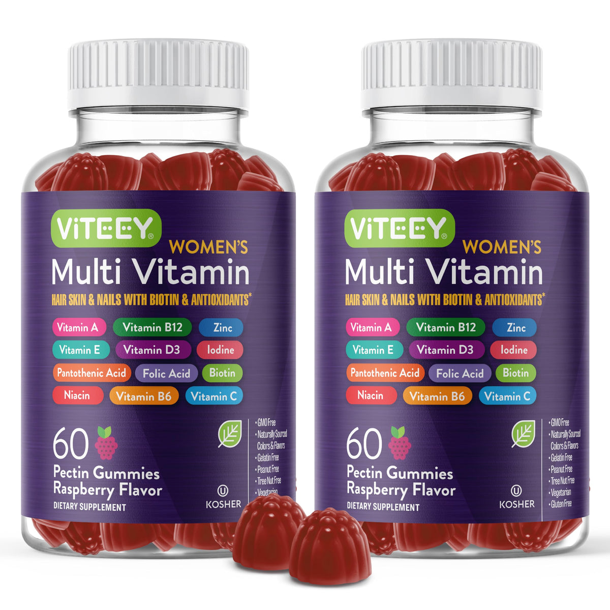 Viteey Womens Multivitamin Gummies bottle shows vegetarian formula for daily immune support.