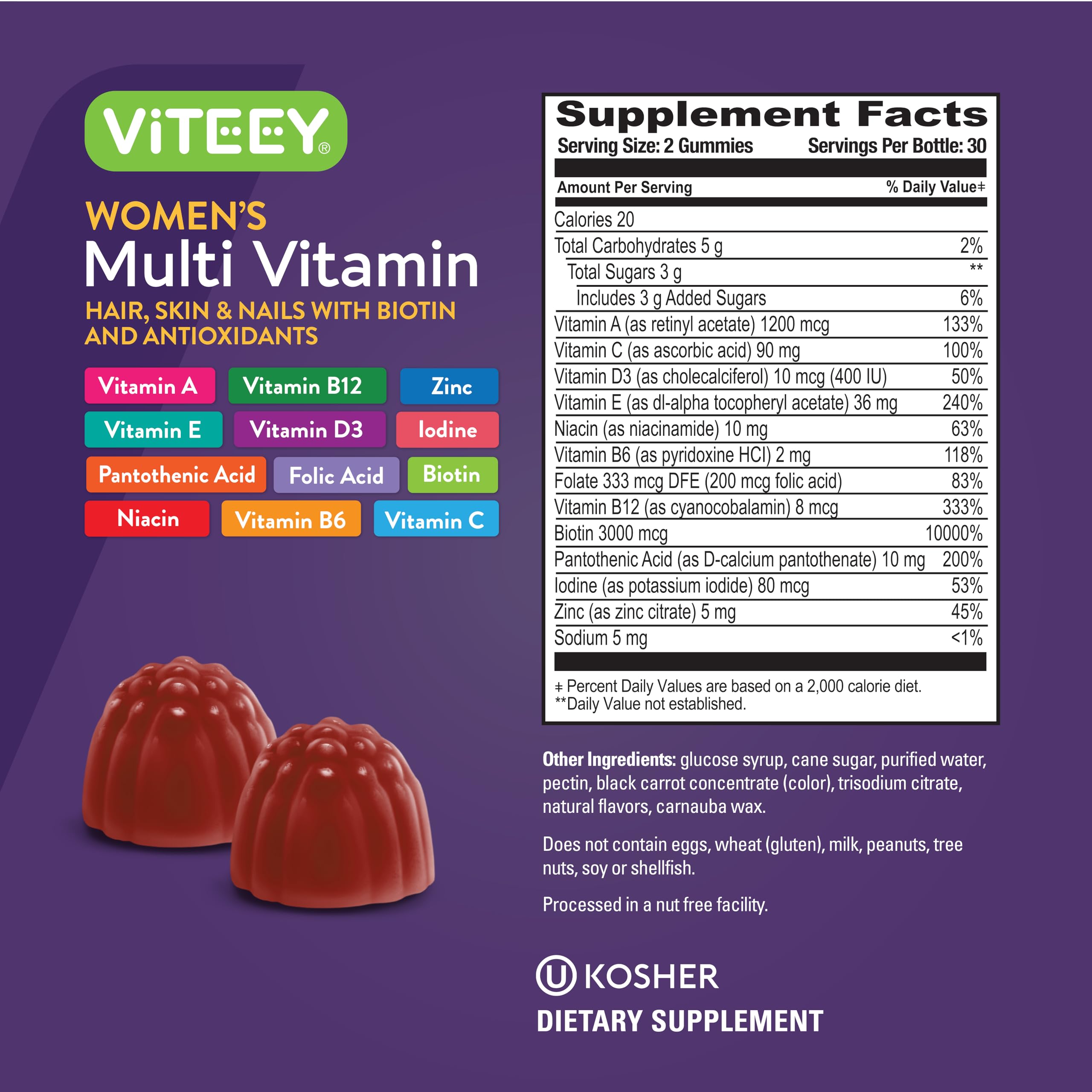 Kosher-certified label confirms high-quality standards for Viteey gummy supplements.
