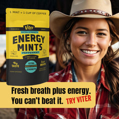 Viter Energy logo on packaging with vegan and gluten-free icons.