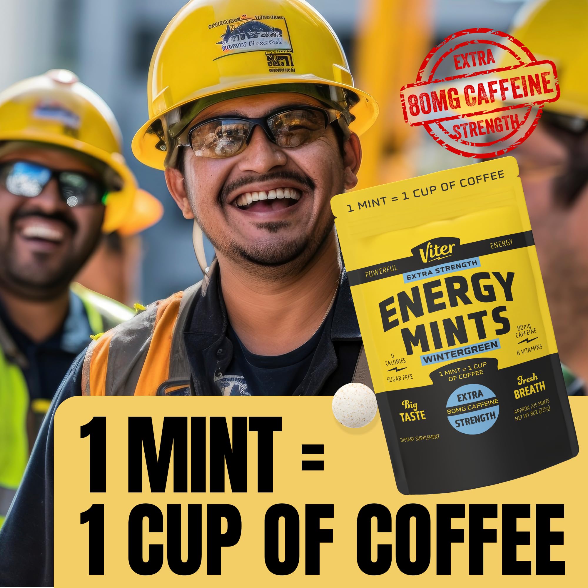 Viter Energy 80mg caffeine per mint for quick alertness.