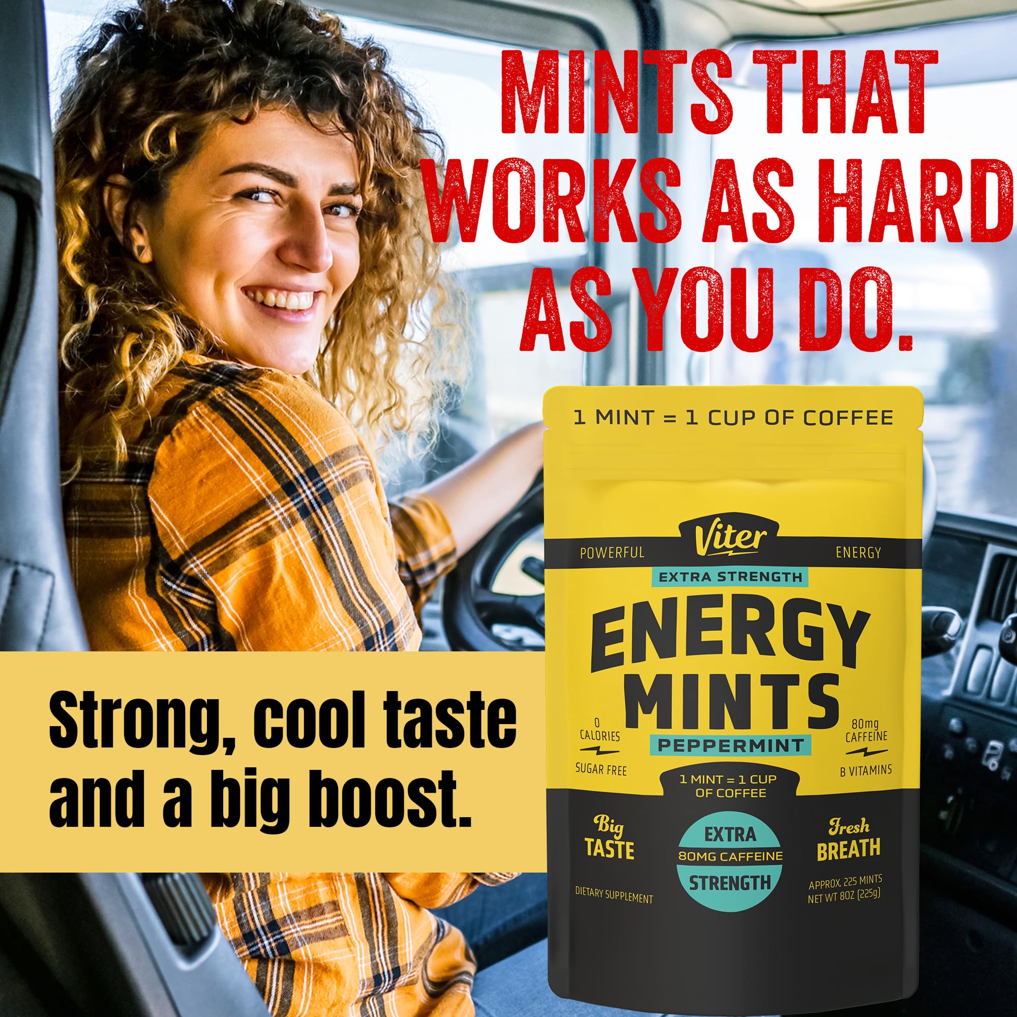 Viter Energy mints beside a glass of water for sugar-free option.