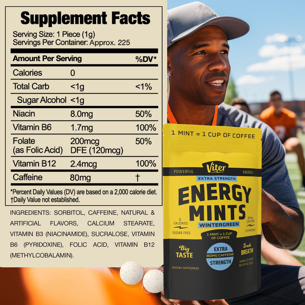 Viter Energy mint in hand shows compact, convenient energy bite.