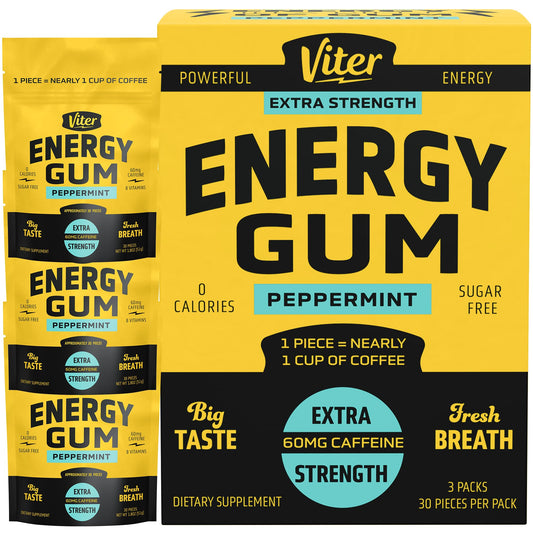 Viter Energy peppermint gum front-pack with branding and caffeine boost for on-the-go.
