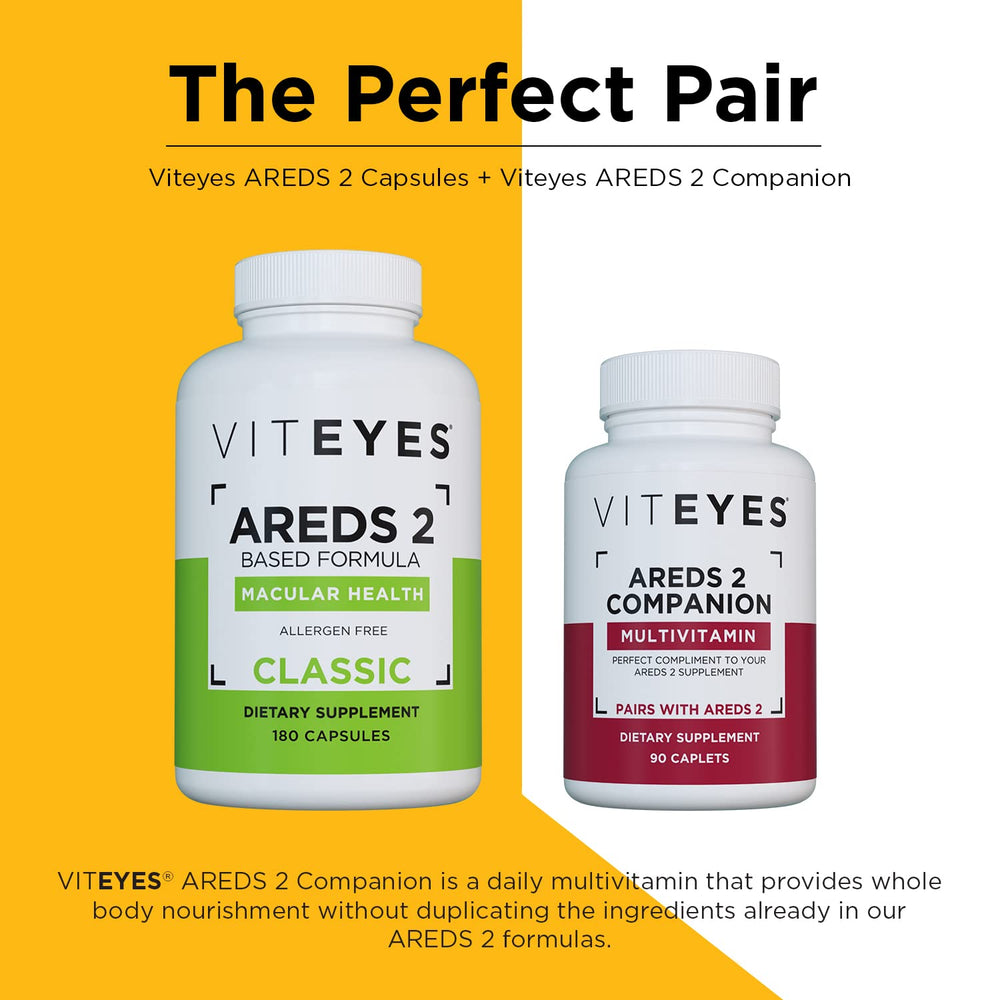 Viteyes AREDS2 capsules label shows dosage and allergen-free details.