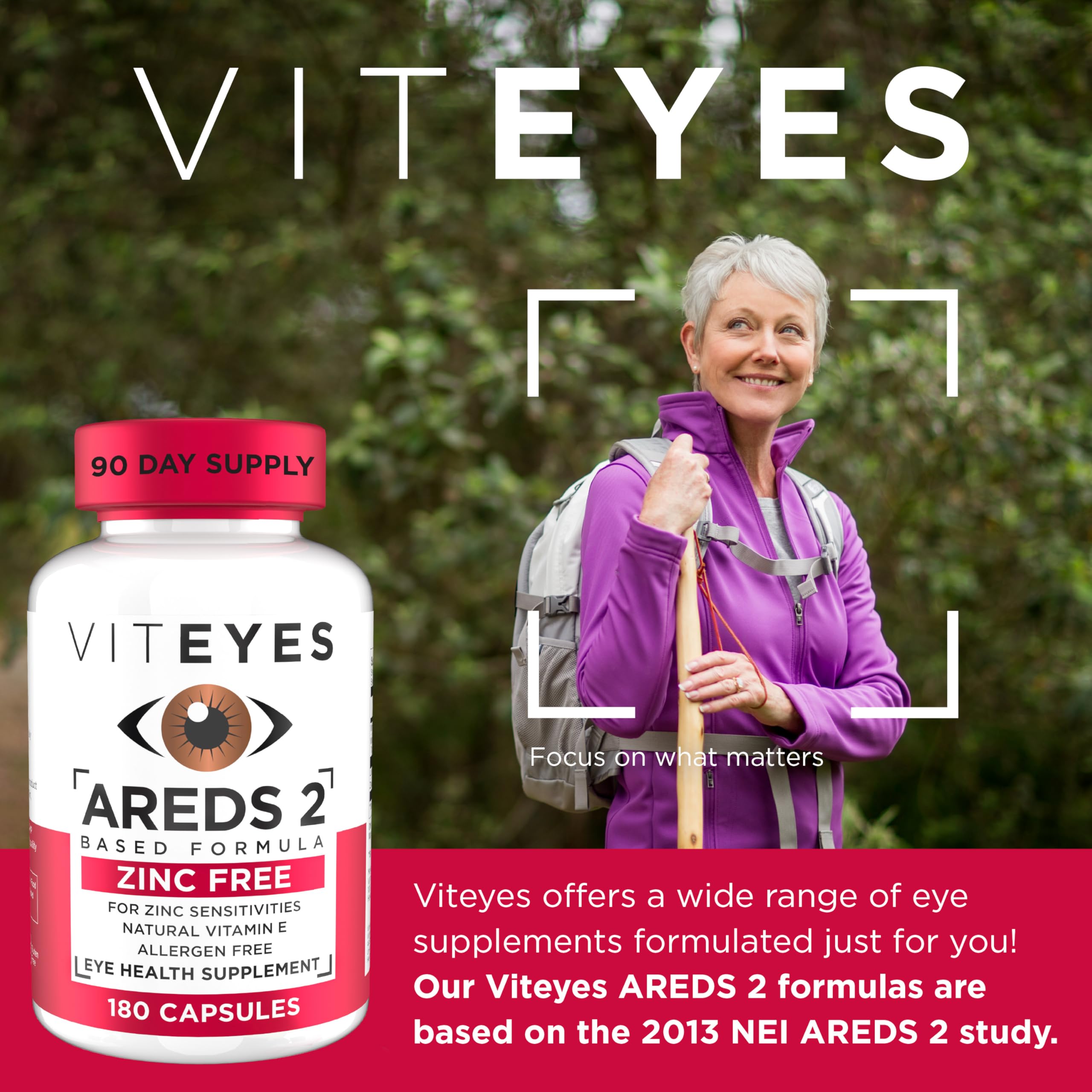 Viteyes AREDS-2 capsules closeup highlighting zinc-free formula benefits.