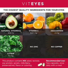 Viteyes AREDS-2 label closeup emphasizing vitamin C, E, lutein and zeaxanthin.