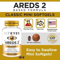 Viteyes AREDS 2 softgels in hand illustrate portable eye health aid