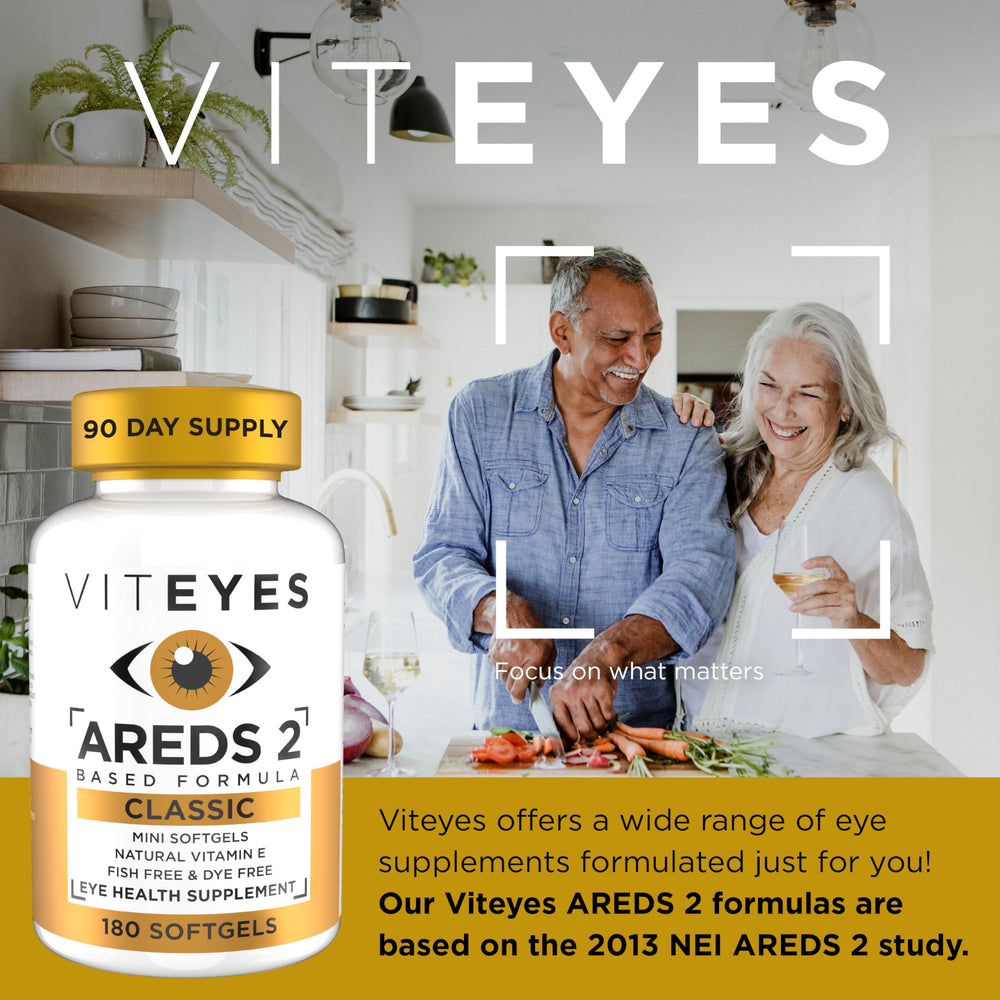 Viteyes AREDS2 daily-dose pack highlights convenient two softgels per day.