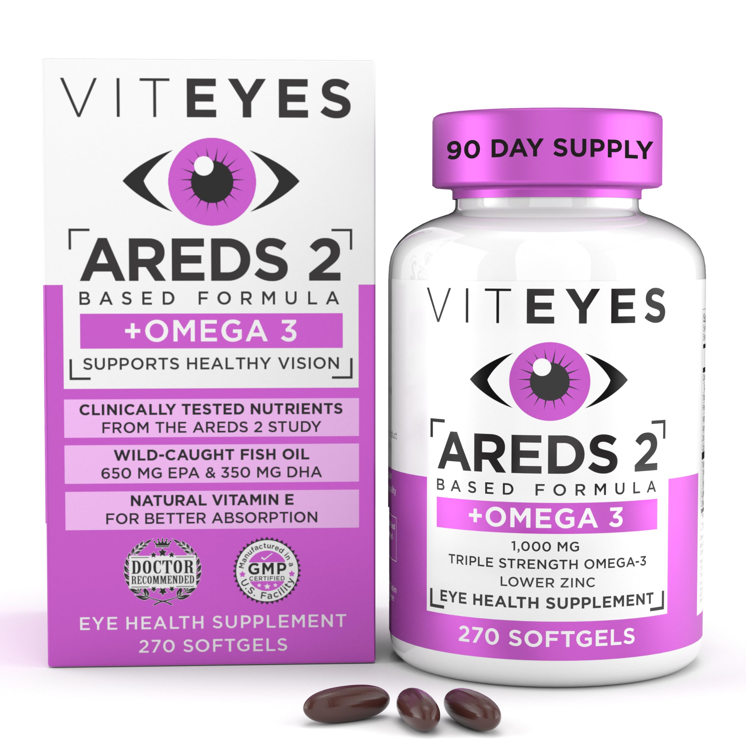 Viteyes AREDS2 Omega-3 softgels bottle supports macular health for daily use
