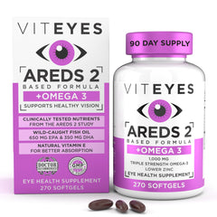 Viteyes AREDS2 Omega-3 softgels bottle supports macular health for daily use
