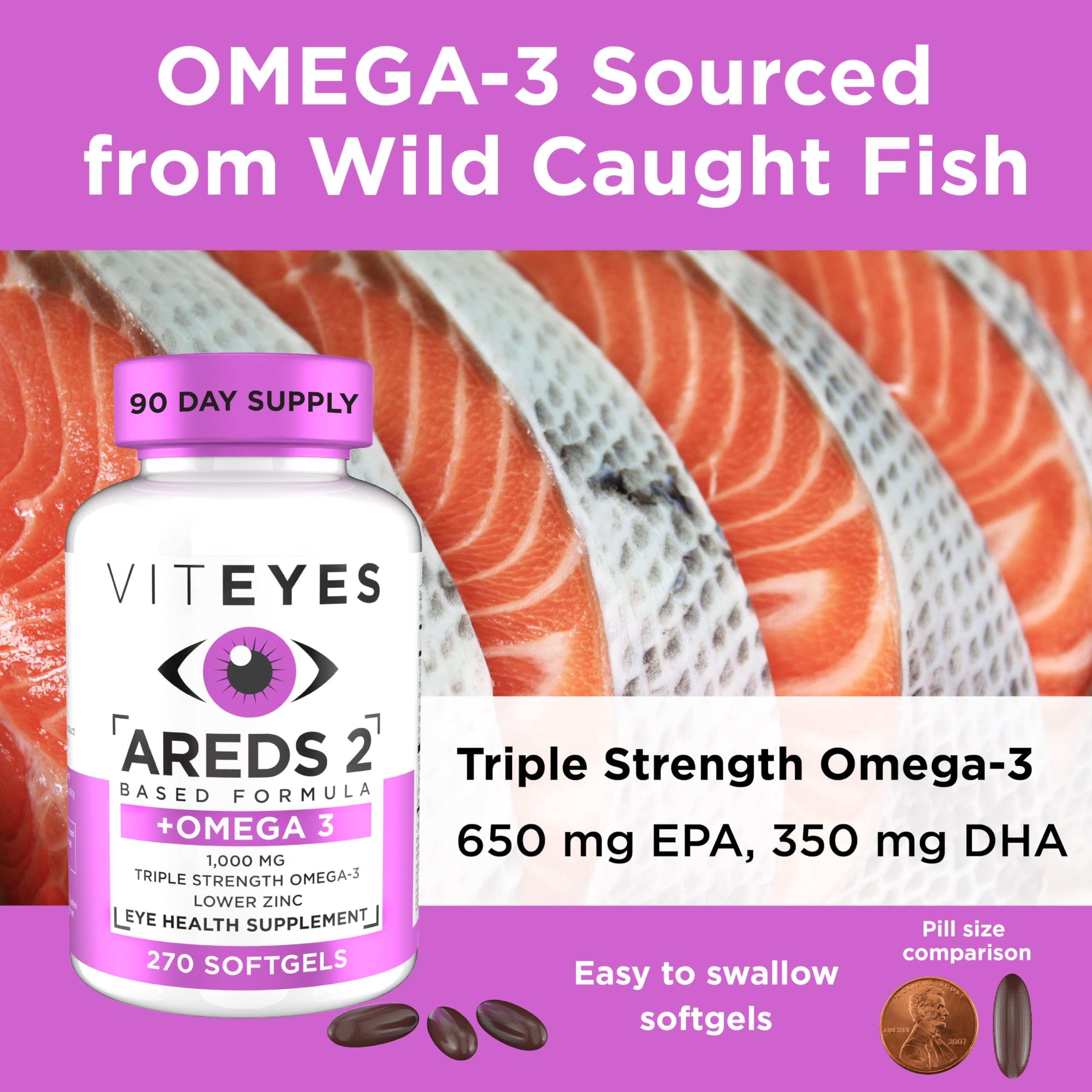 Caps closeup on Viteyes AREDS2 Omega-3 softgels for easy swallowing