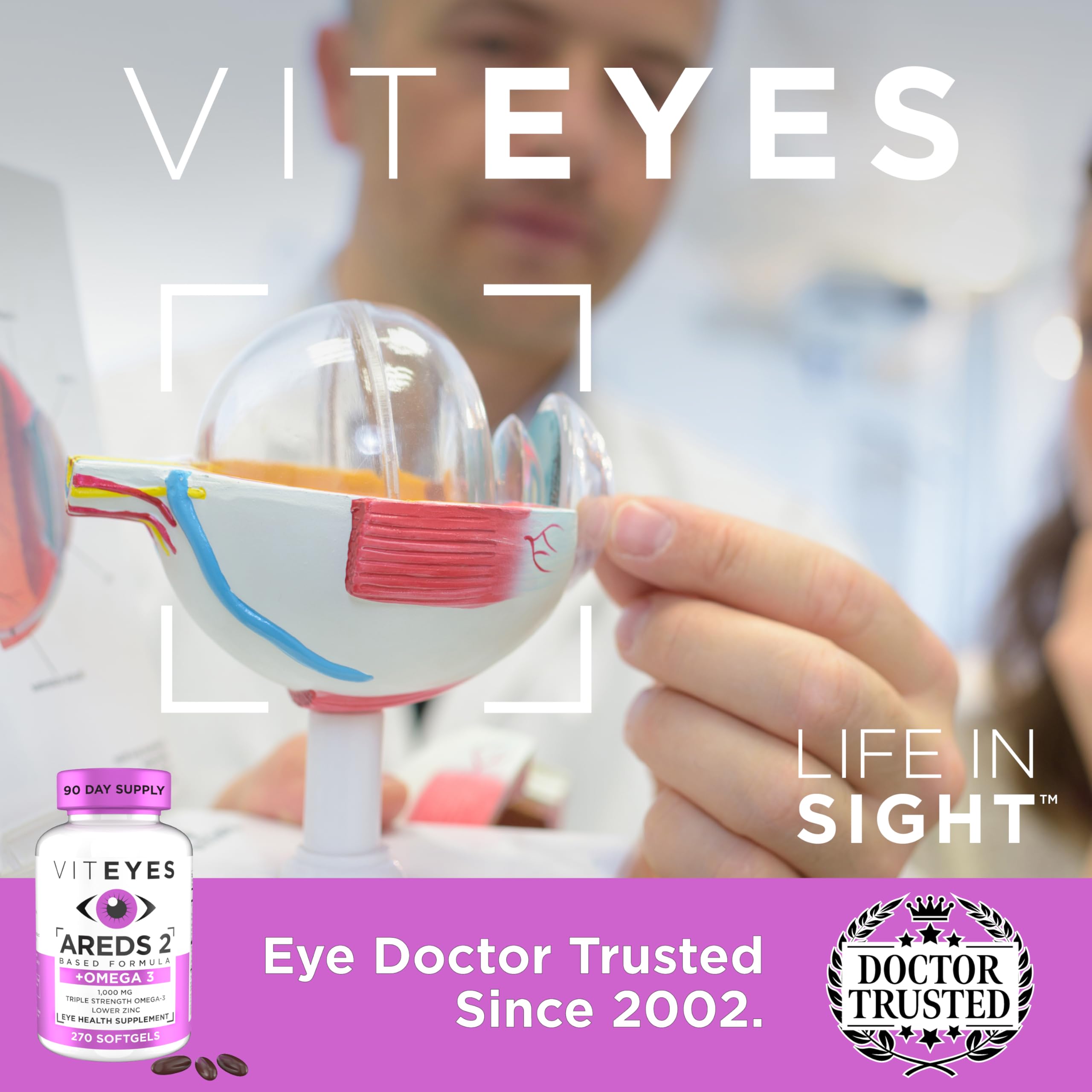 Packaging scene of Viteyes AREDS2 Omega-3 softgels showing three-month supply