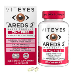 Viteyes AREDS 2 zinc-free capsules label highlighting copper-free formula.