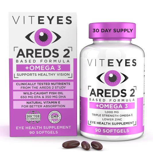 Viteyes AREDS 2 omega-3 softgels bottle supports macular health.