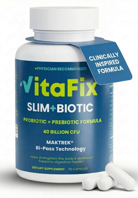 VitaFix SlimBiotic bottle close-up showing capsules for gut balance