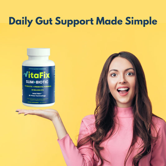 VitaFix SlimBiotic capsules packaging highlights probiotic-prebiotic synergy
