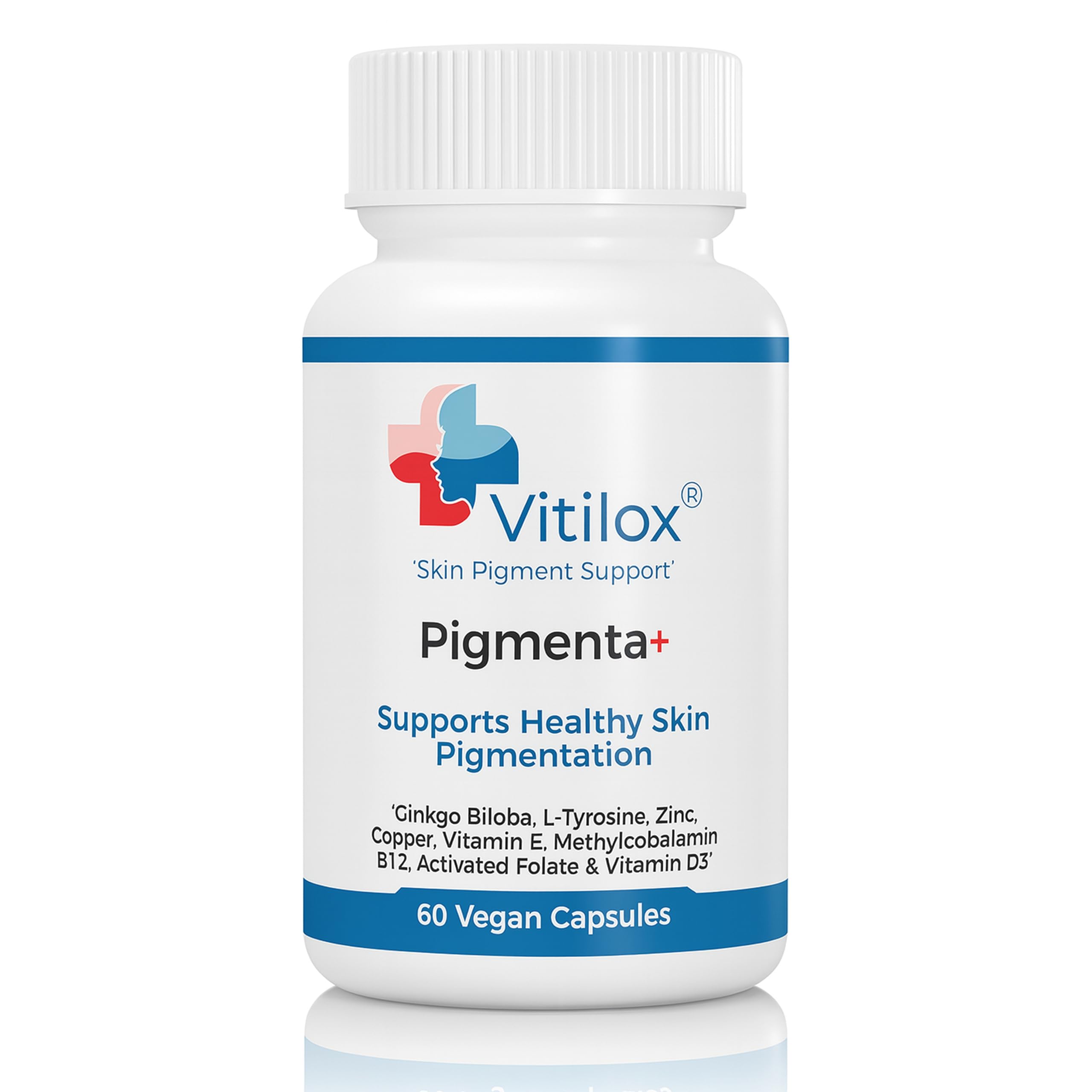Vitilox Pigmenta+ capsules close-up highlighting daily skin tone support.