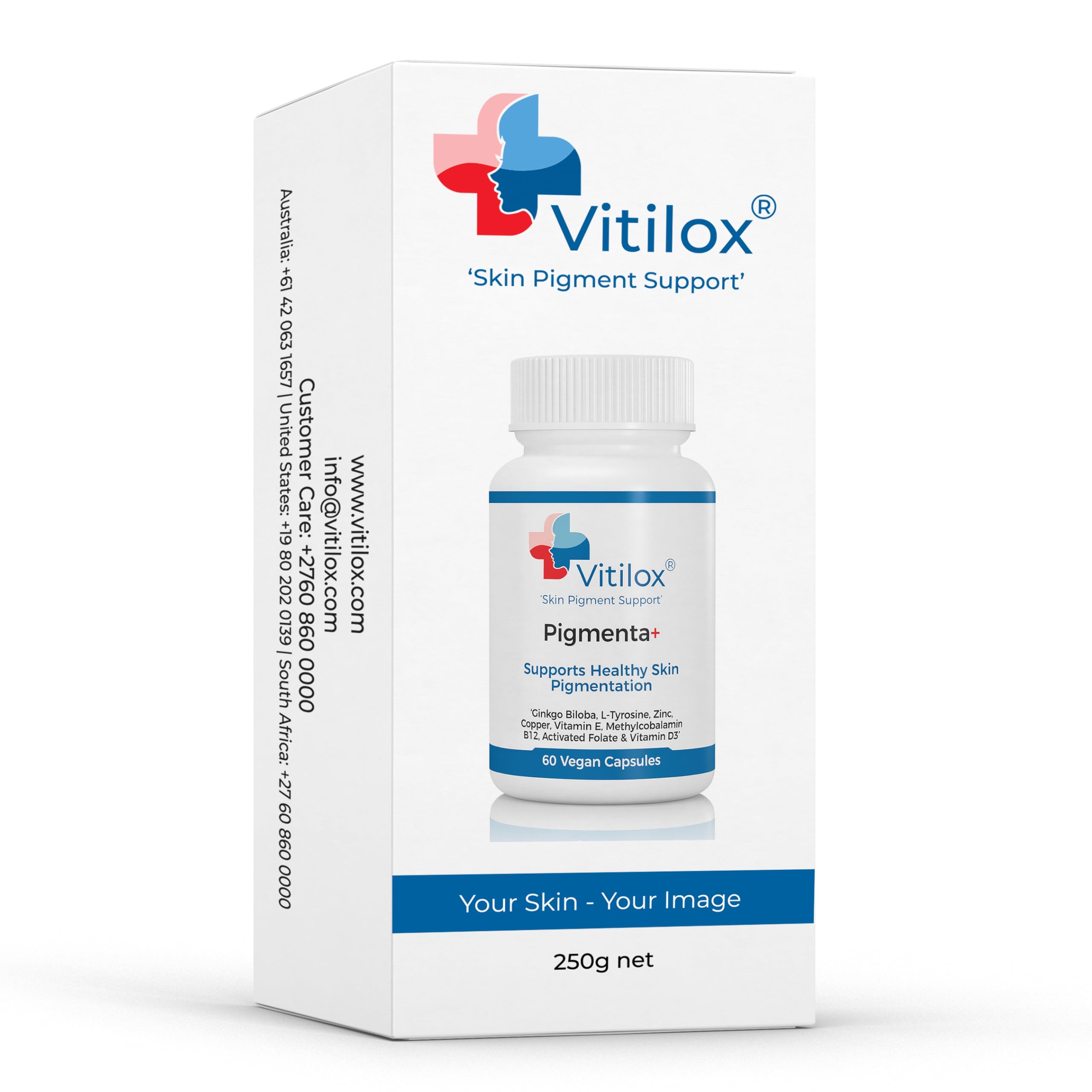 Vitilox Pigmenta+ capsules ready for daily vegan supplementation.
