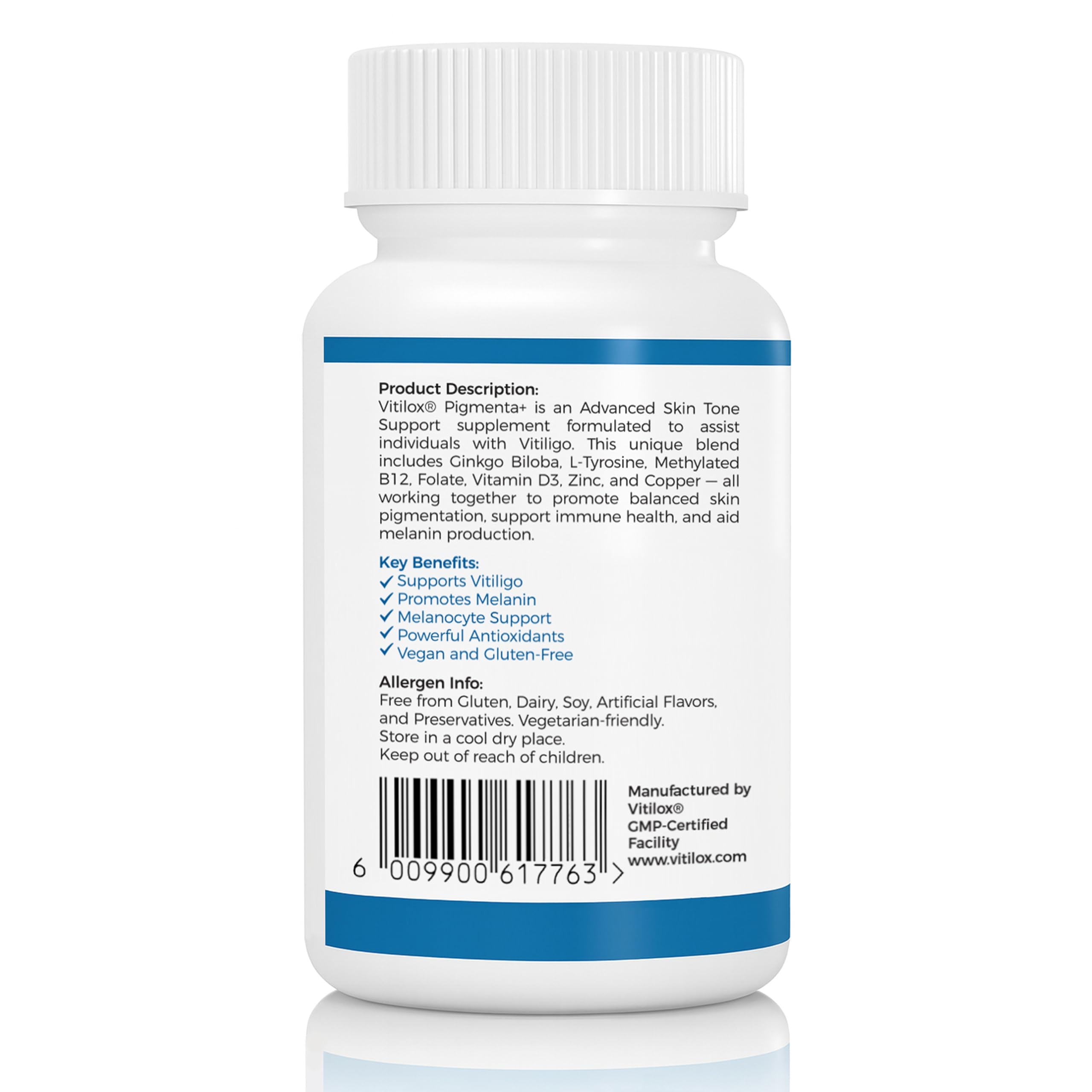 Vitilox Pigmenta+ label detail highlights ingredients and GMP-ready production.