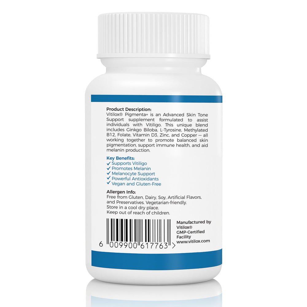 Vitilox Pigmenta+ label detail highlights ingredients and GMP-ready production.