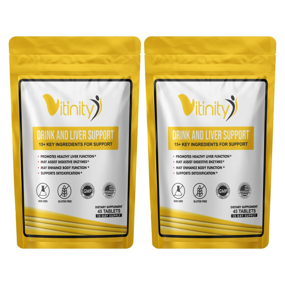VITINITY Anti-Drink Liver Support bottle closeup for daily liver wellness.