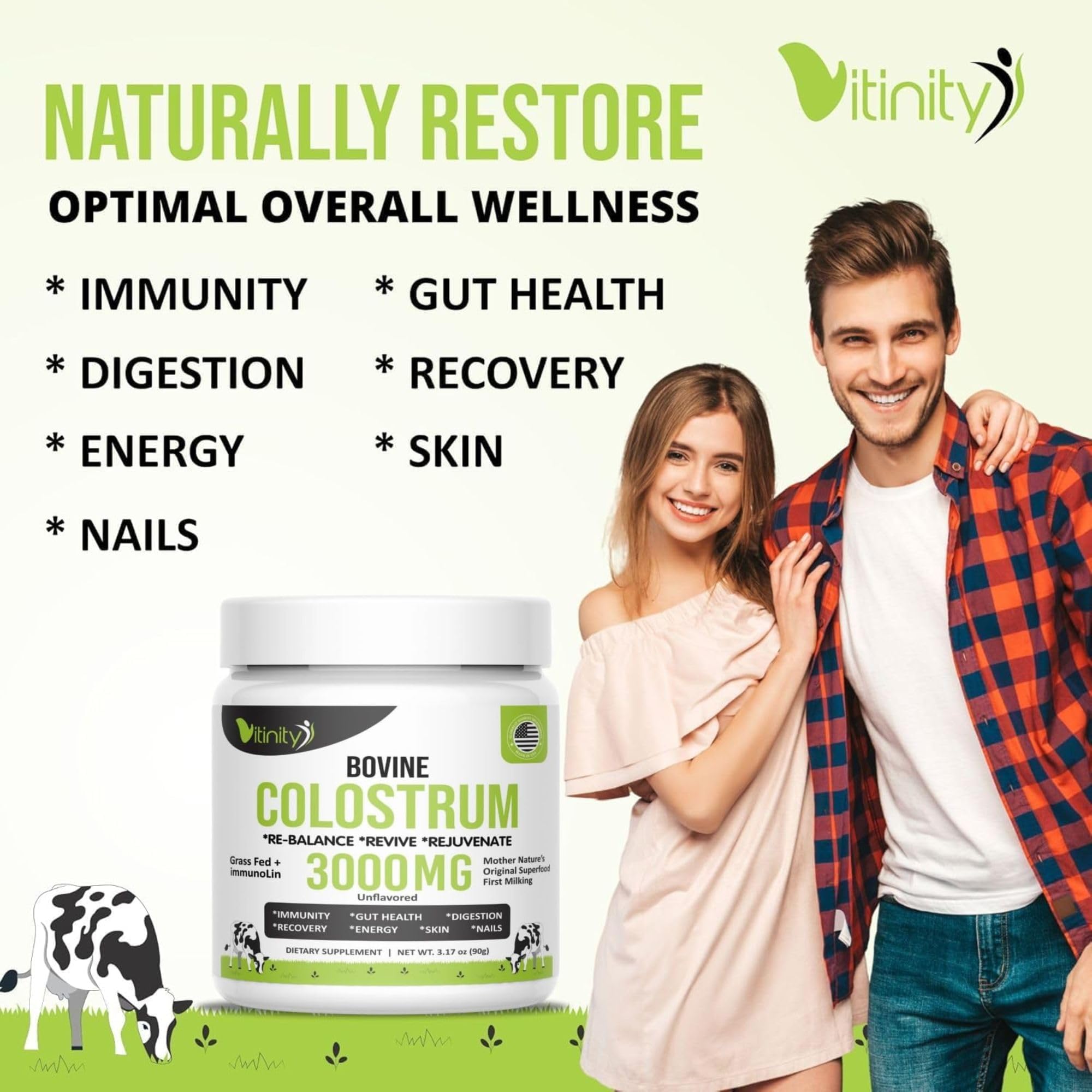 VITINITY colostrum powder label highlights natural protein content.