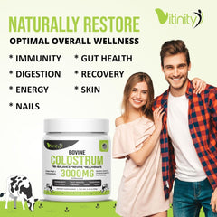 VITINITY colostrum powder label highlights natural protein content.