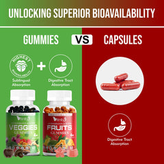 Vitinity fruit gummies closeup reveals bright colors and real fruit bits.