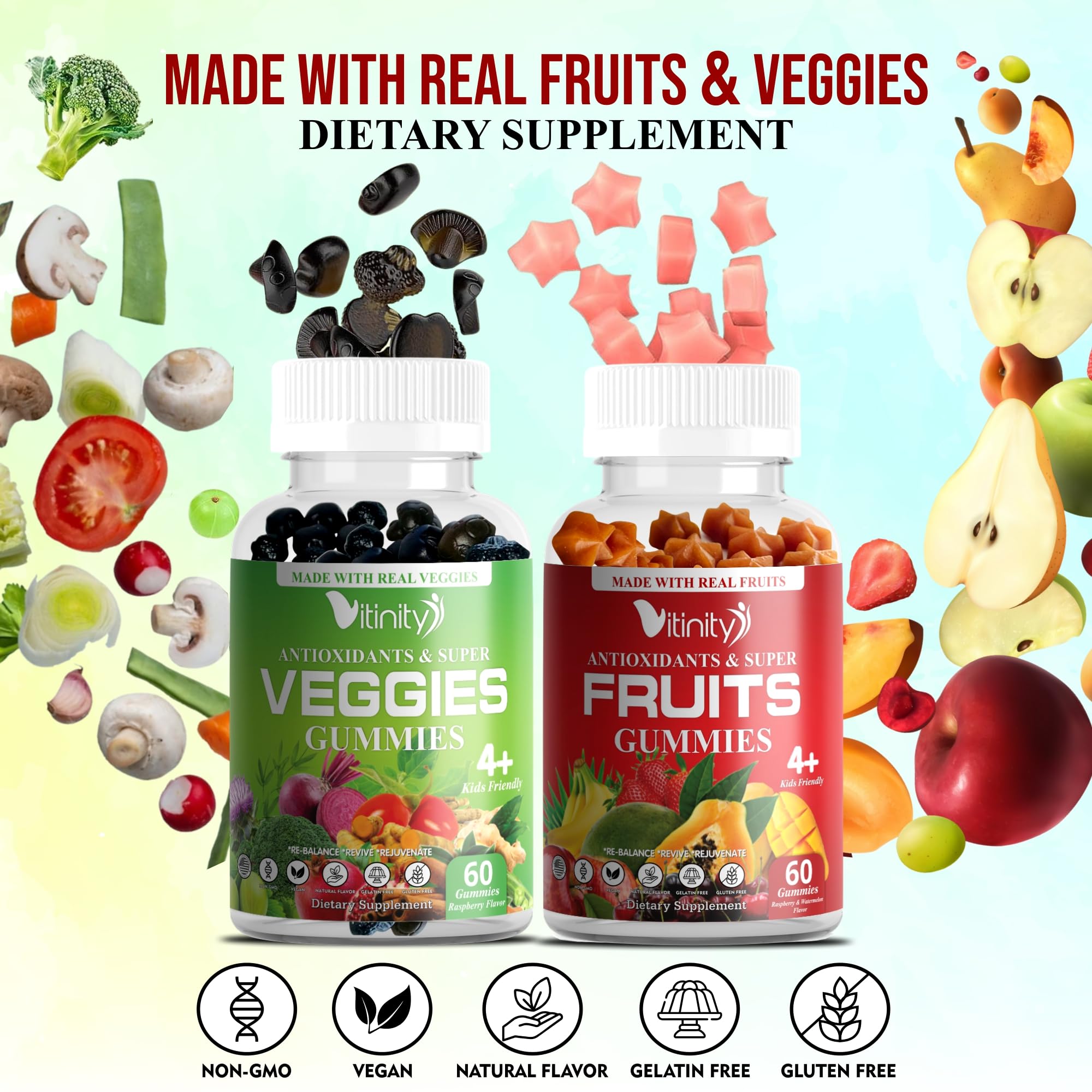 Vitinity fruit-veggie gummies pack label shows natural ingredients and no artificial flavors.