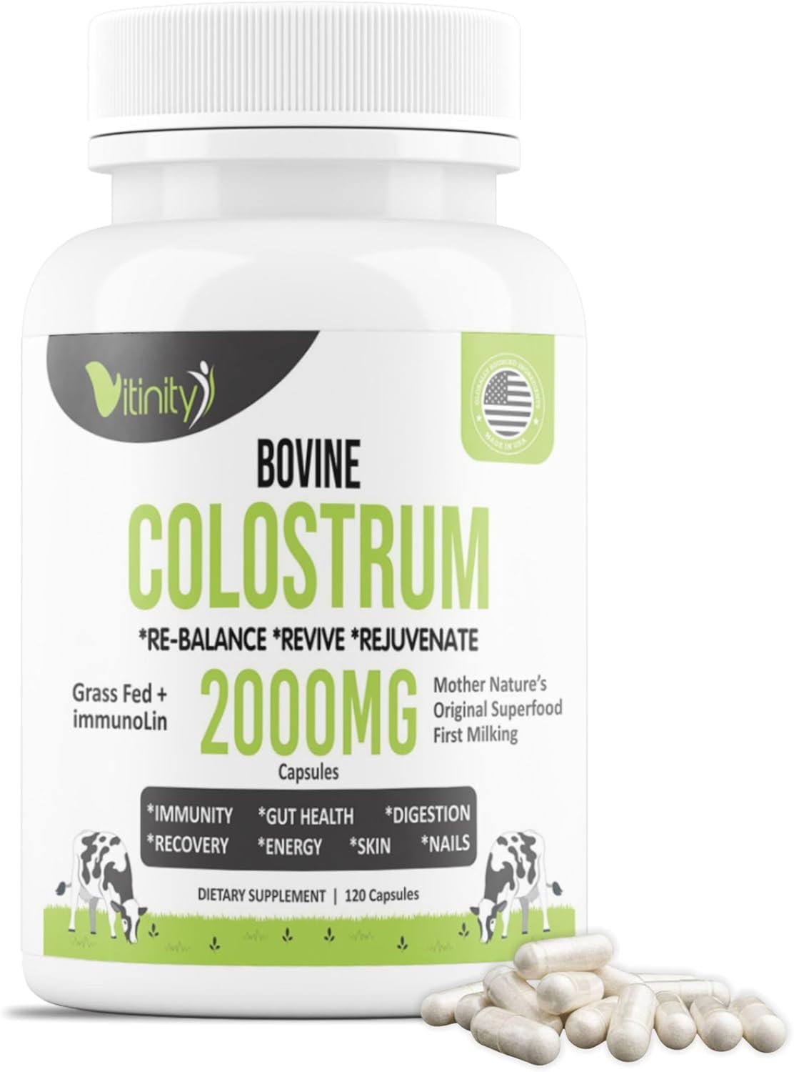 VITINITY grass-fed colostrum capsules in a bottle for daily wellness