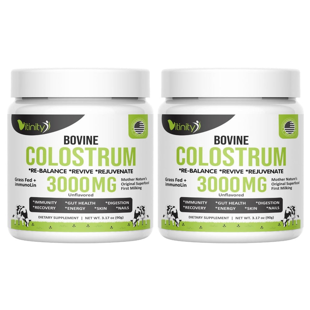 VITINITY grass-fed colostrum powder bottle for daily wellness.