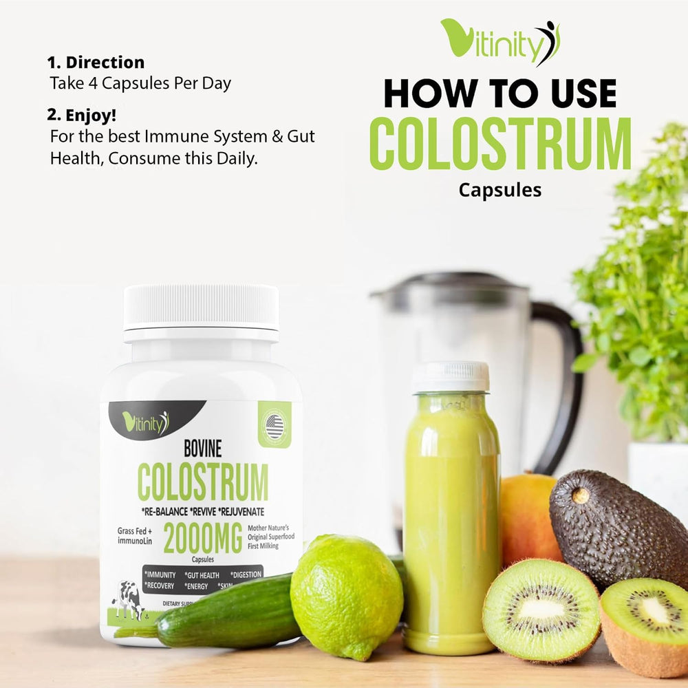 Grass-fed bovine colostrum powder displayed with scoop