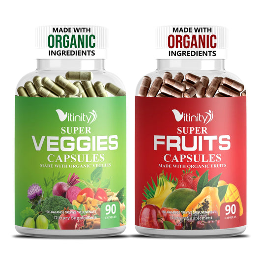 Vitinity organic fruits and veggies capsules in bottle for daily vitality.