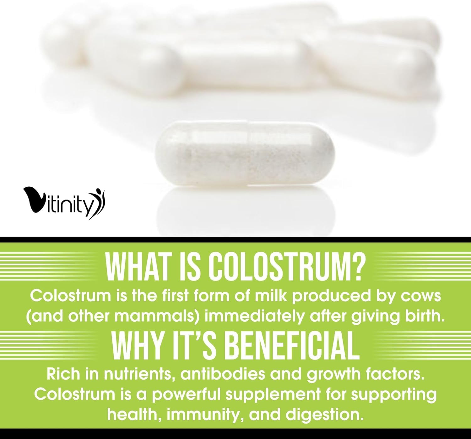 Product packaging showing pure colostrum sourced from grass-fed farms