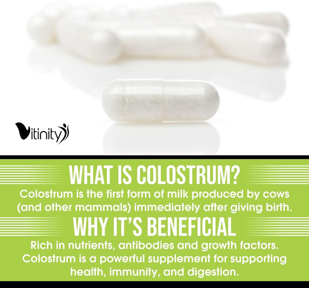 Product packaging showing pure colostrum sourced from grass-fed farms