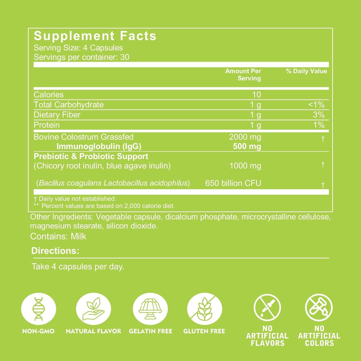 Pure bovine colostrum powder from grass-fed cows in a jar
