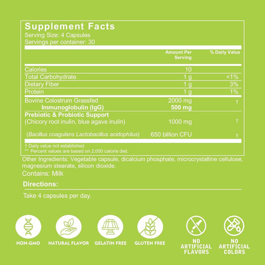 Pure bovine colostrum powder from grass-fed cows in a jar