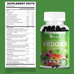 VITINITY Super Greens gummies bottle back with ingredients and guidance.