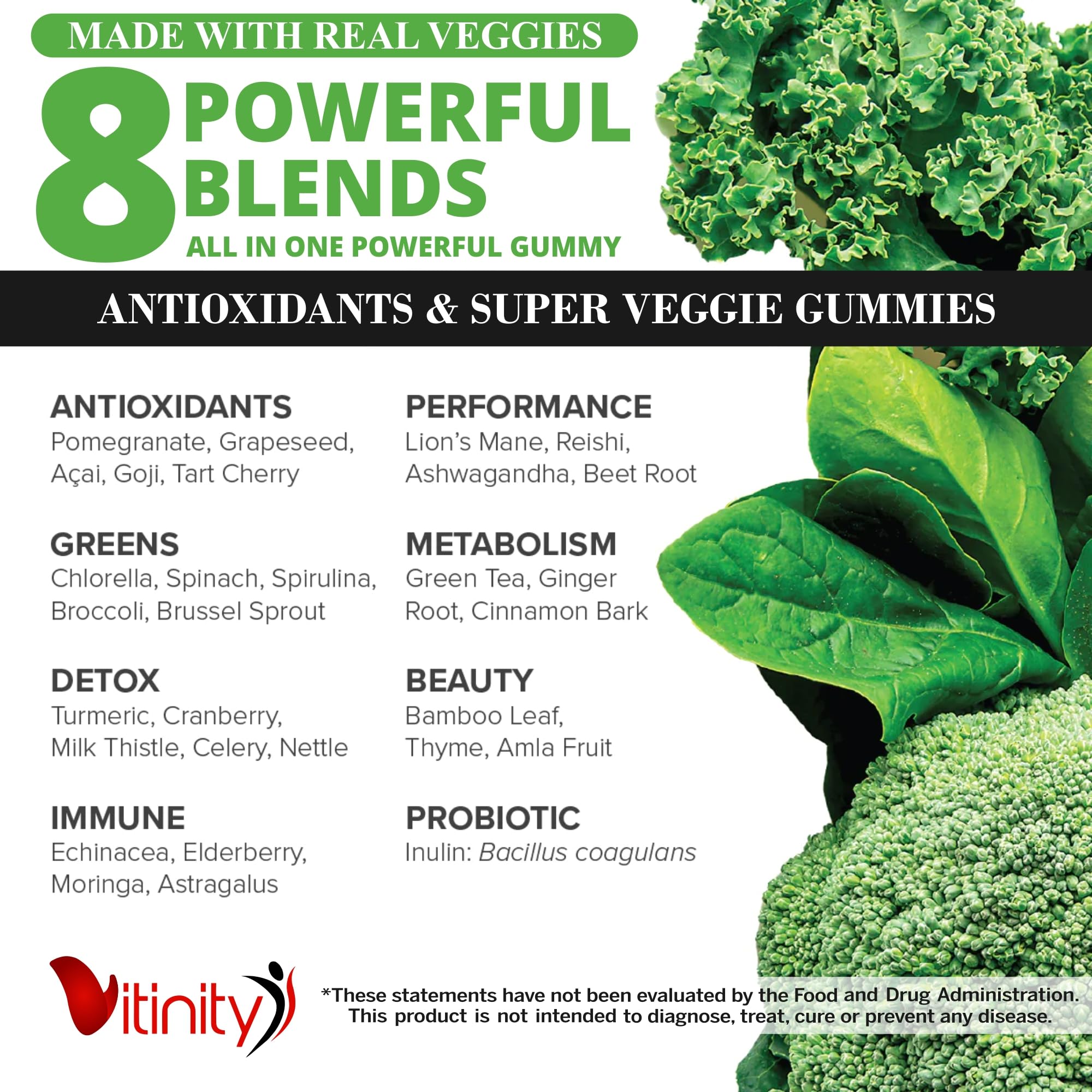 VITINITY Super Greens gummies close-up showing vibrant color and chewy texture.