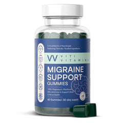 Viti Vitamins Migraine Gummy packshot showcasing the bottle and colorful gummies for daily support