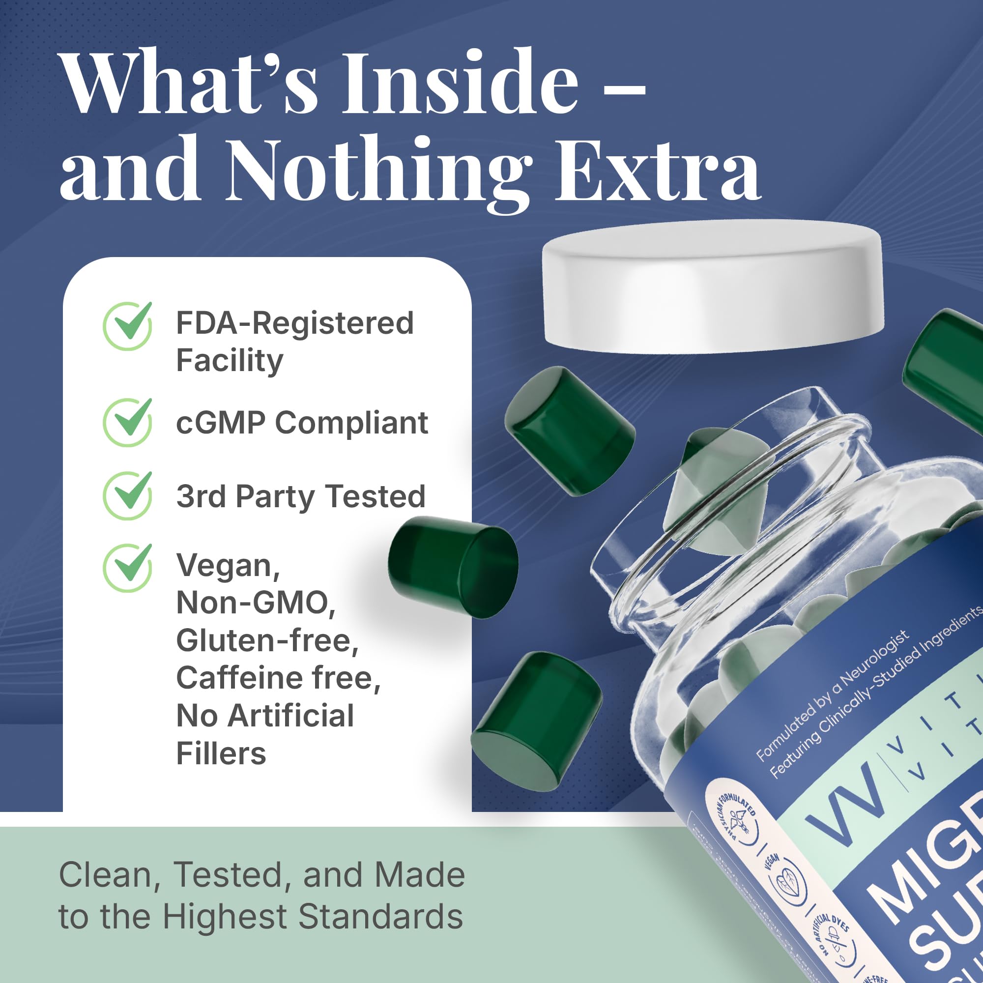Vegan, gluten-free formula suitable for daily use without caffeine or preservatives