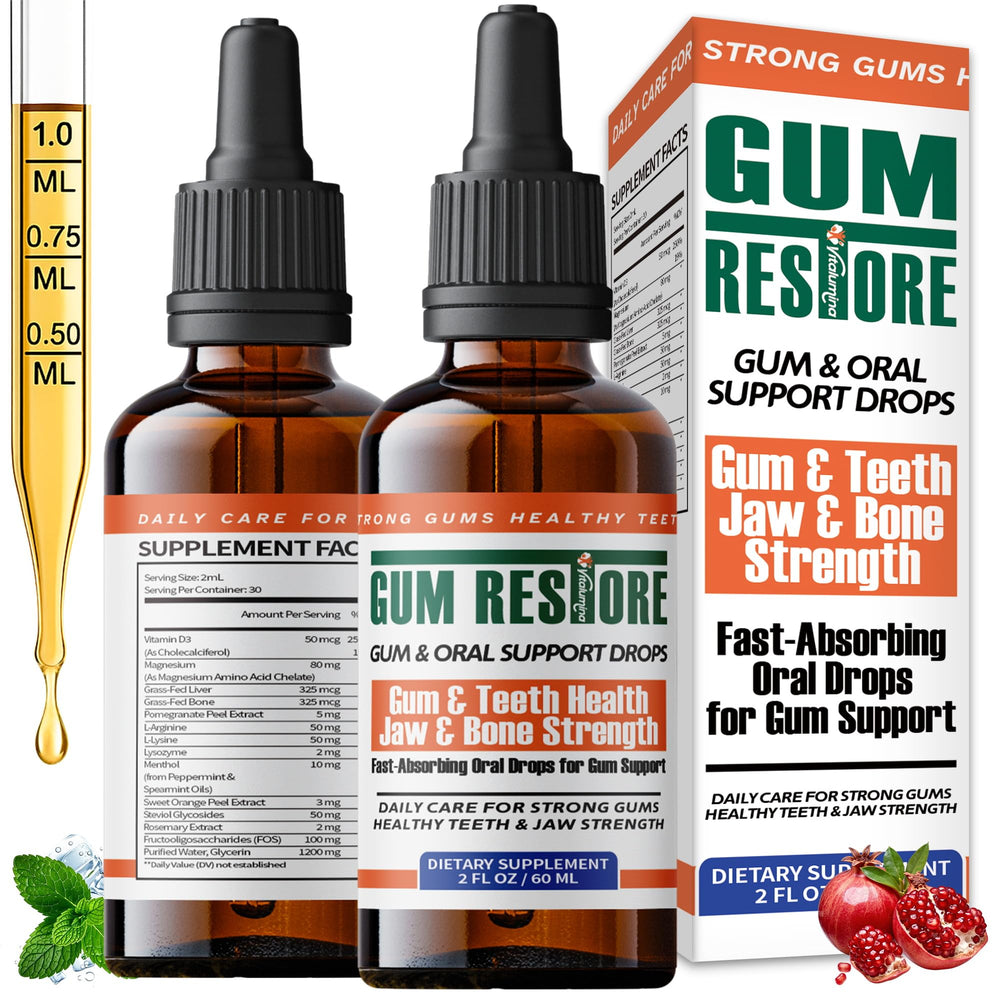 VitaLumina Gum Restore Drops bottle emphasizes natural gum comfort and fresh breath support.